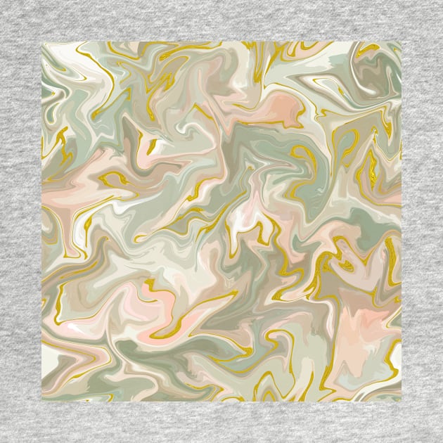 Silver Sage with Gold Silk Marble - Light Sage Green, Peach, and Off White Liquid Paint Pattern by GenAumonier